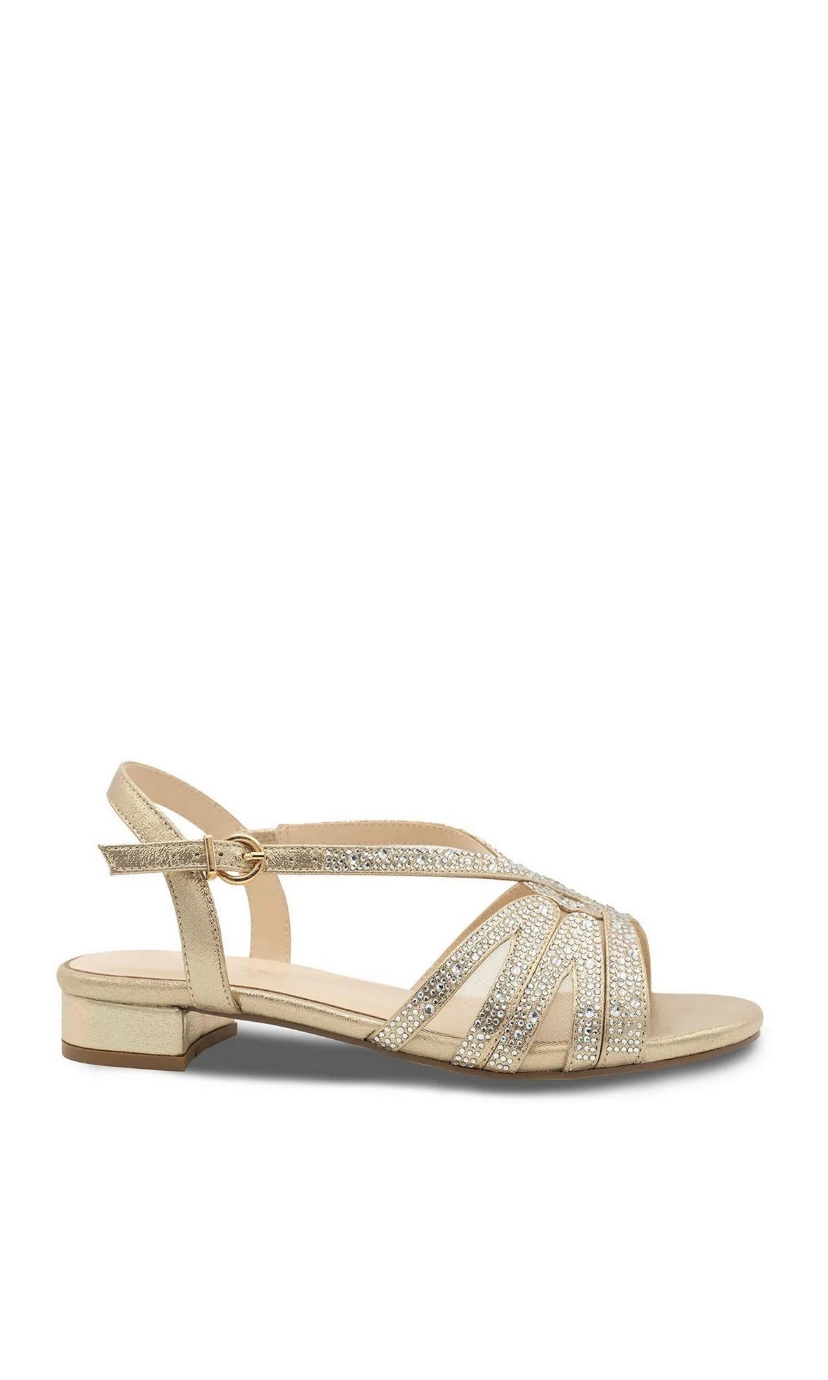 Quest Champagne Prom Shoes: Paradox London P2312 are champagne-colored low-heel prom shoes with a rhinestone-embellished strap upper and an adjustable ankle buckle.